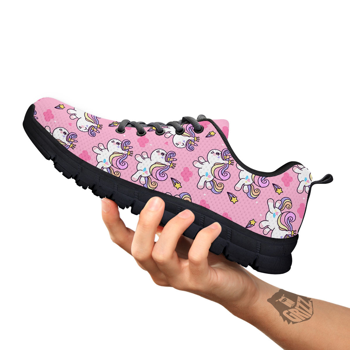 Unicorn White Girly Print Pattern Black Sneaker-grizzshop