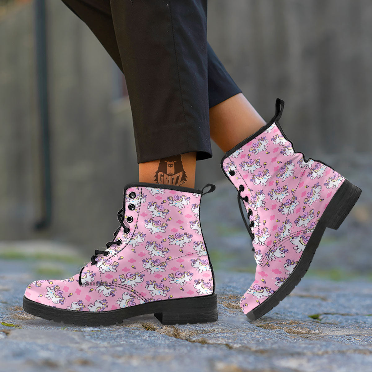 Unicorn White Girly Print Pattern Leather Boots-grizzshop