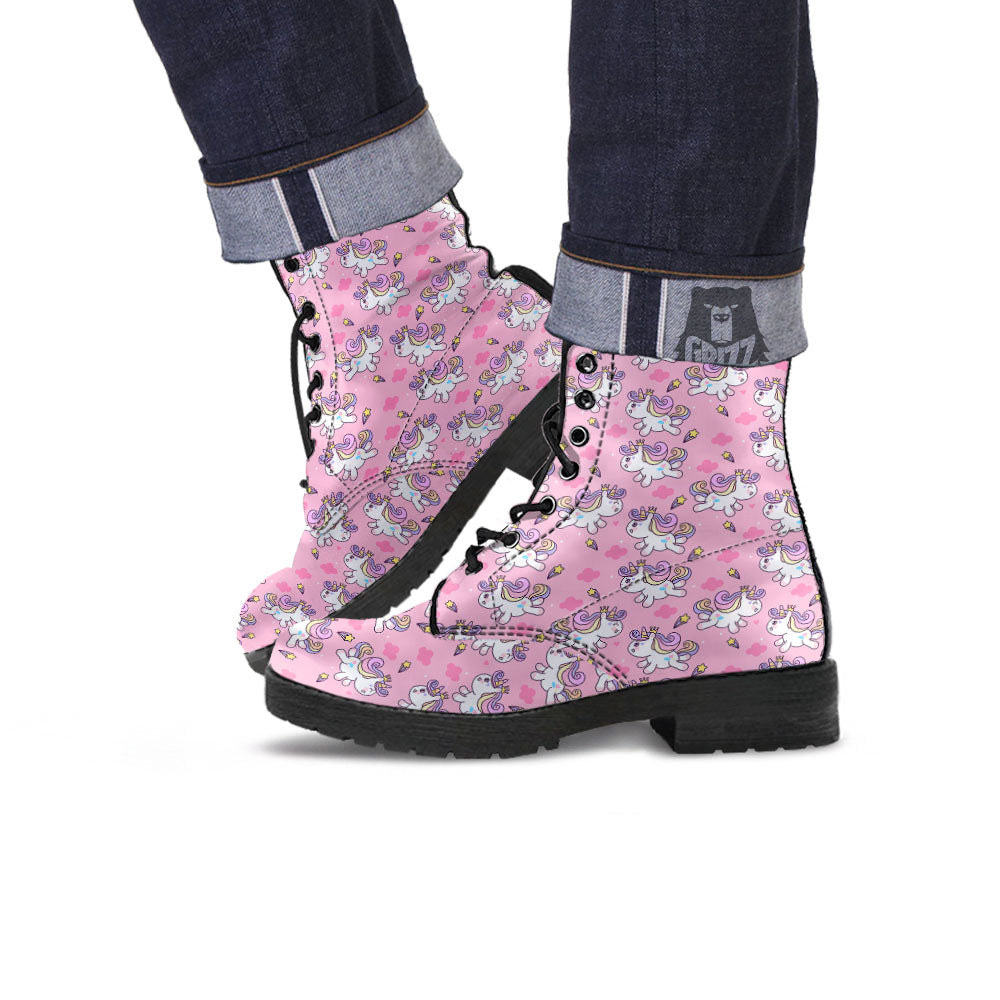 Unicorn White Girly Print Pattern Leather Boots-grizzshop