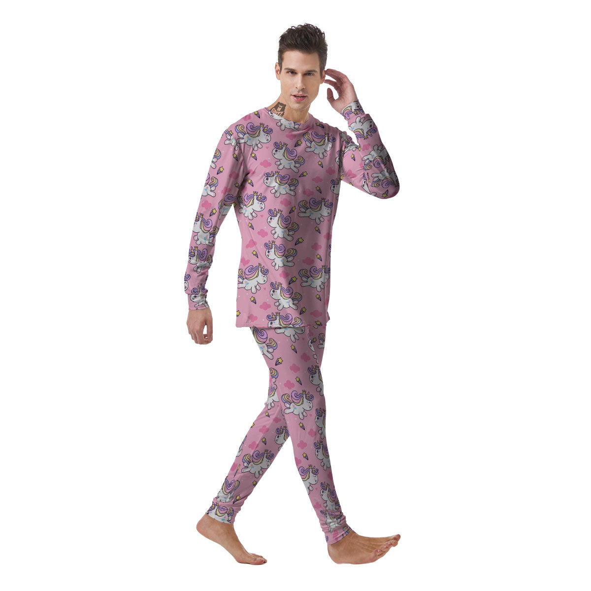 Unicorn White Girly Print Pattern Men's Pajamas-grizzshop