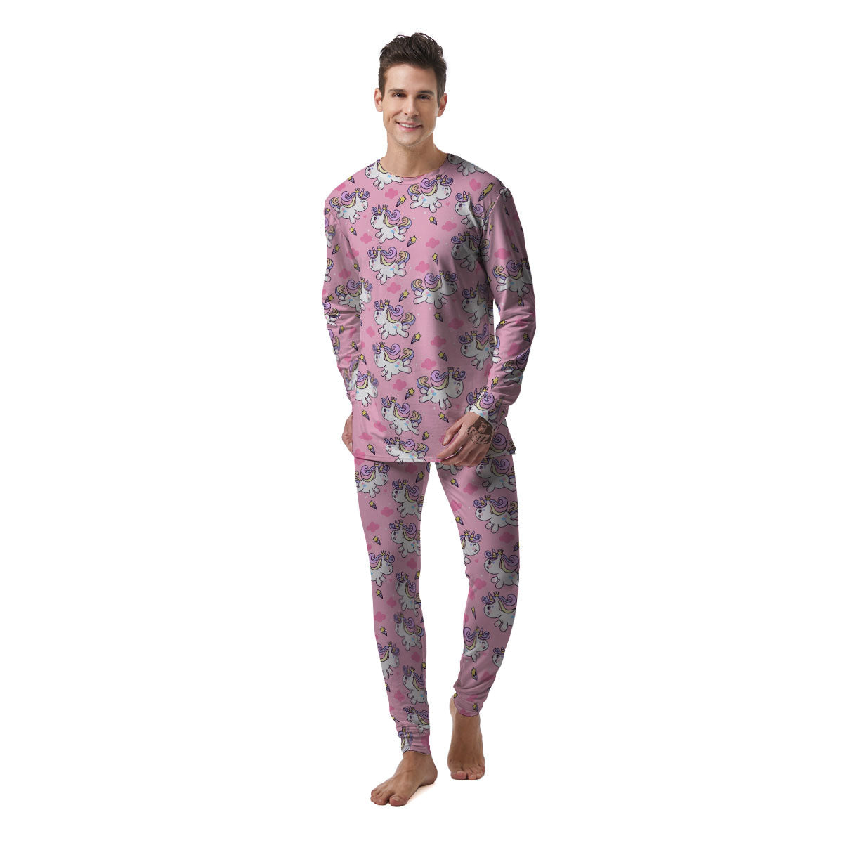 Unicorn White Girly Print Pattern Men's Pajamas-grizzshop