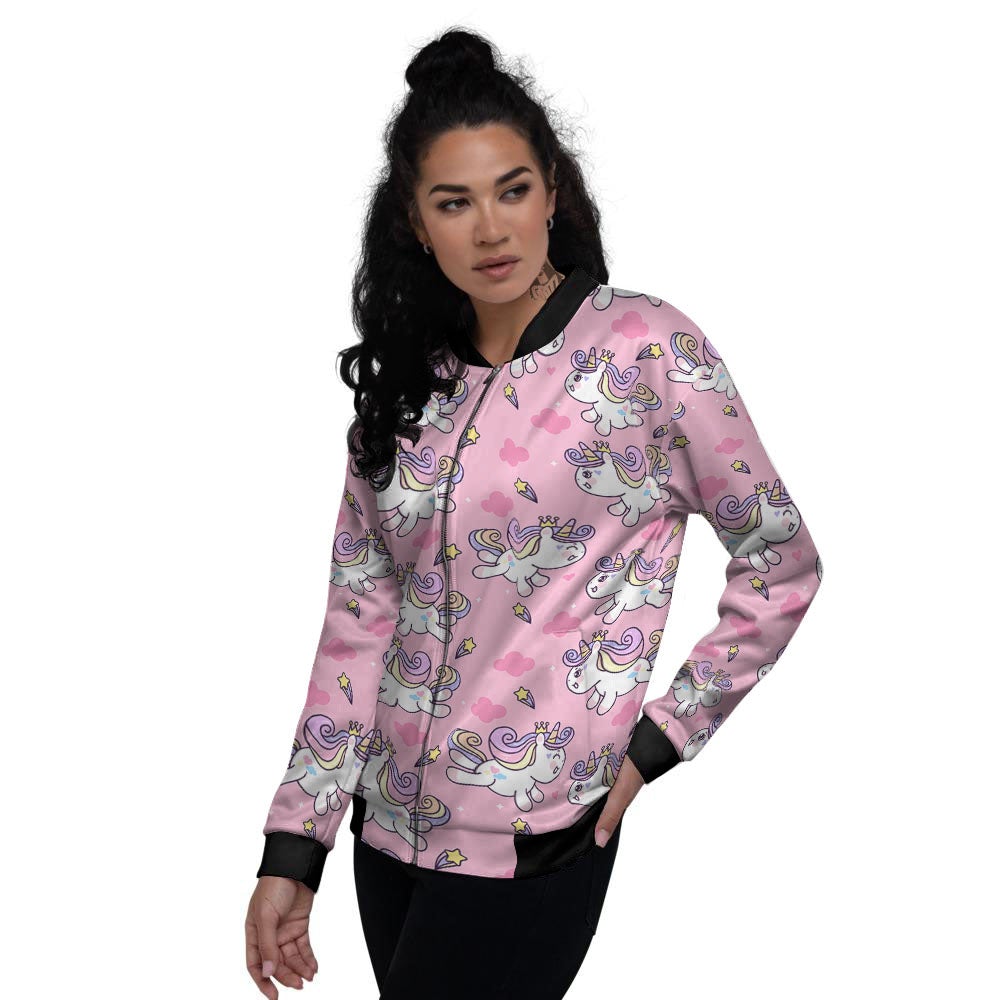 Unicorn White Girly Print Pattern Women's Bomber Jacket-grizzshop