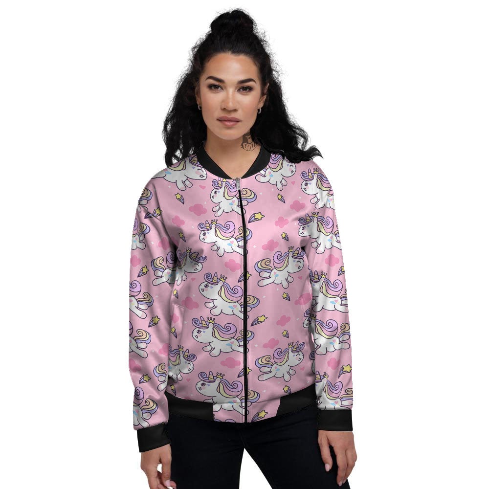 Unicorn White Girly Print Pattern Women's Bomber Jacket-grizzshop