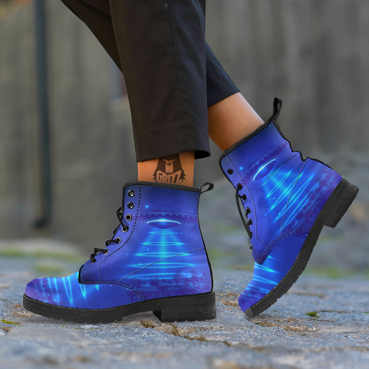 Unidentified Flying Object Blue Print Leather Boots-grizzshop