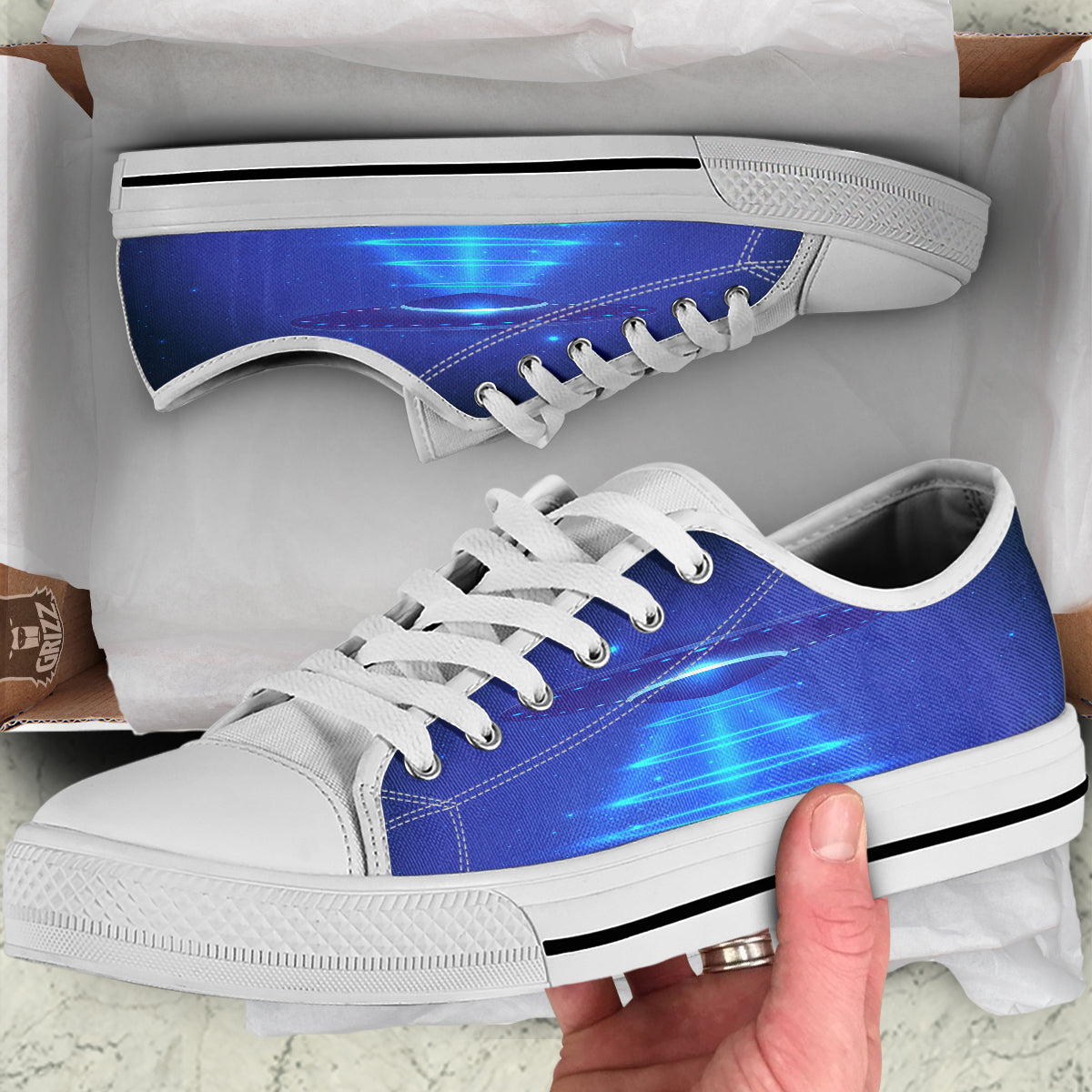 Unidentified Flying Object Blue Print White Low Top Shoes-grizzshop