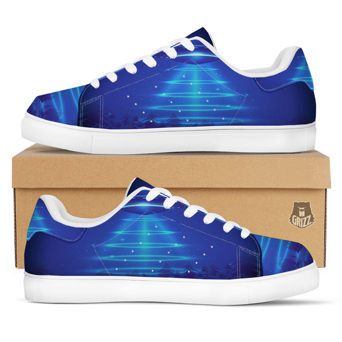 Unidentified Flying Object Blue Print White Low Top Sneakers-grizzshop
