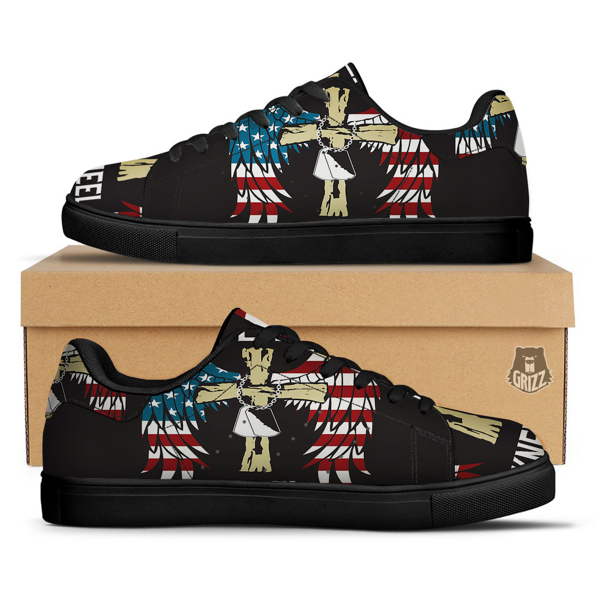 United We Stand American Flag Print Black Low Top Sneakers-grizzshop