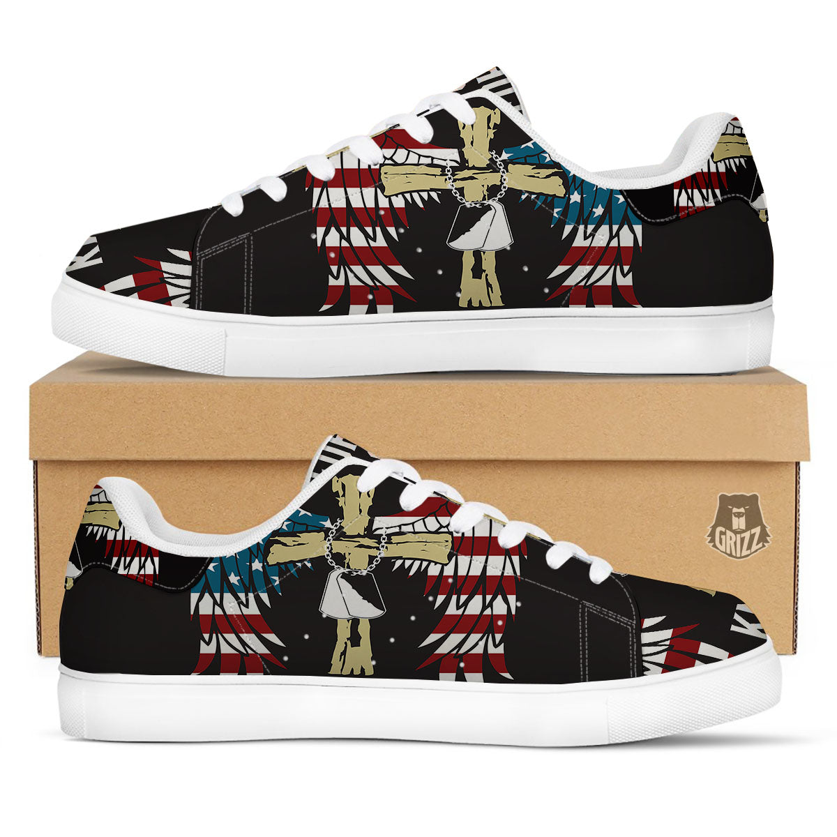 United We Stand American Flag Print White Low Top Sneakers-grizzshop
