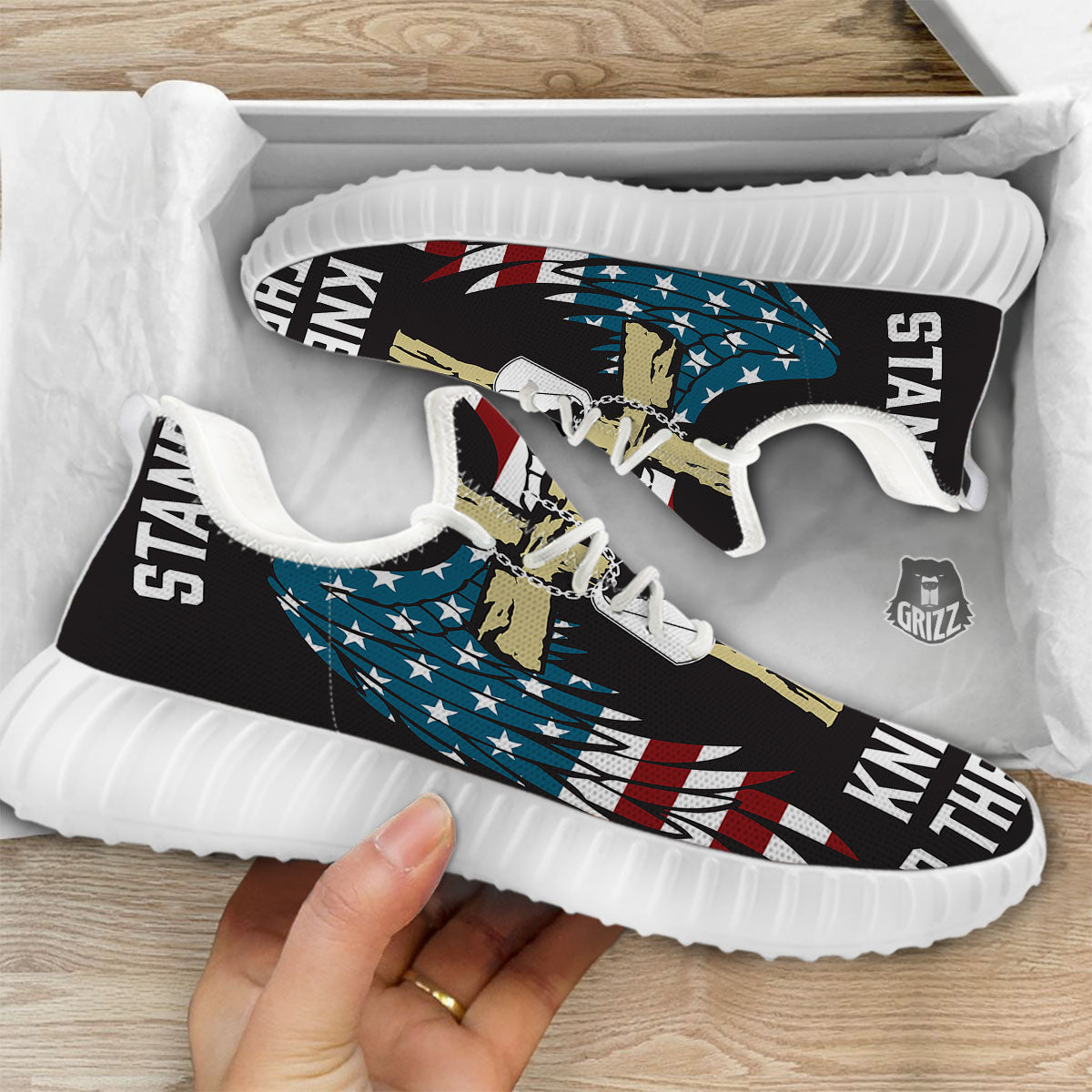 United We Stand American Flag Print White Walking Shoes-grizzshop