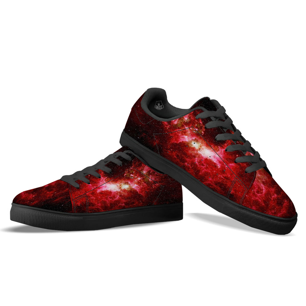 Universe Galaxy Space Red Stardust Print Black Low Top Sneakers-grizzshop