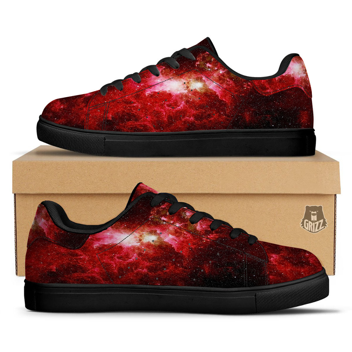 Universe Galaxy Space Red Stardust Print Black Low Top Sneakers-grizzshop