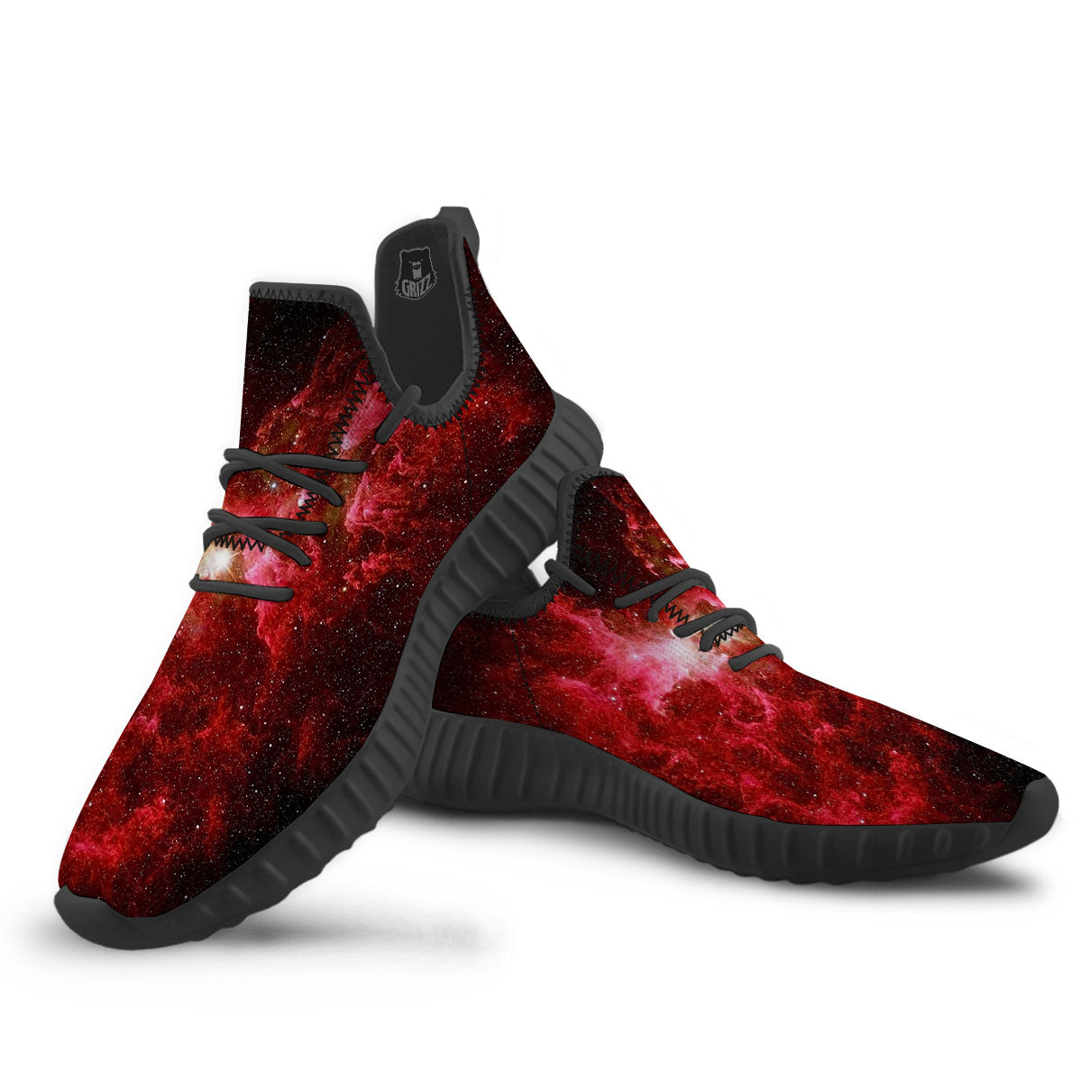 Universe Galaxy Space Red Stardust Print Black Walking Shoes-grizzshop