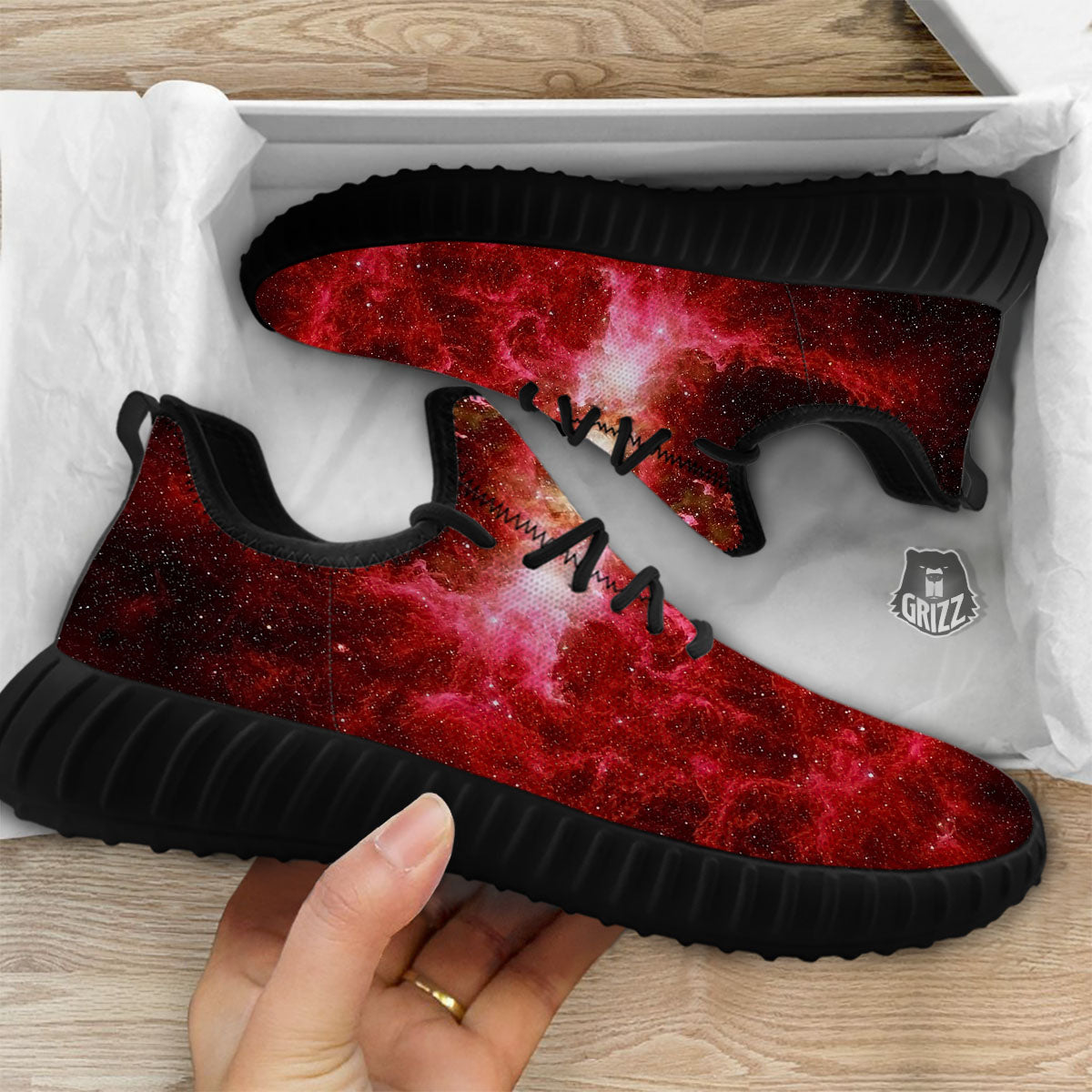 Universe Galaxy Space Red Stardust Print Black Walking Shoes-grizzshop