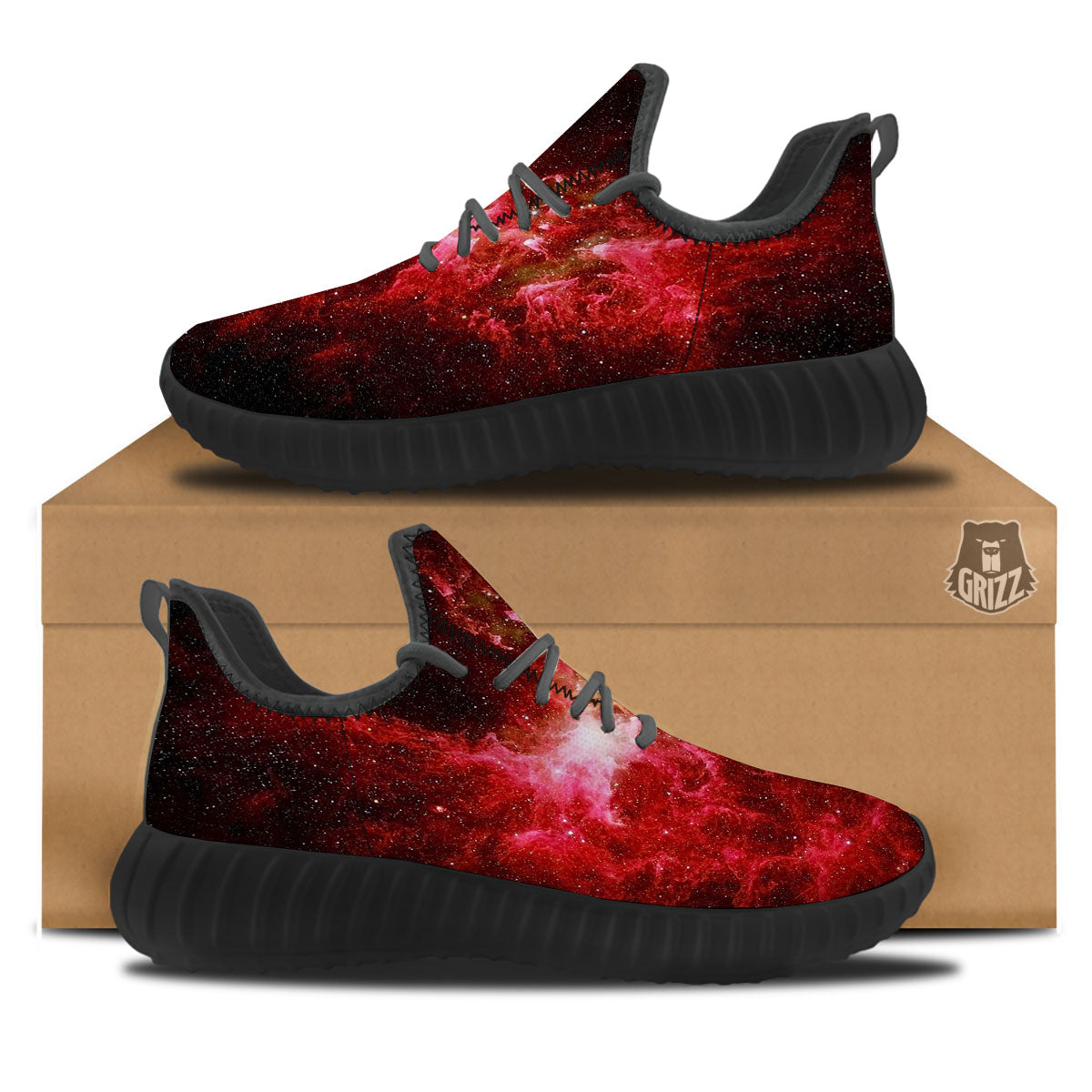 Universe Galaxy Space Red Stardust Print Black Walking Shoes-grizzshop