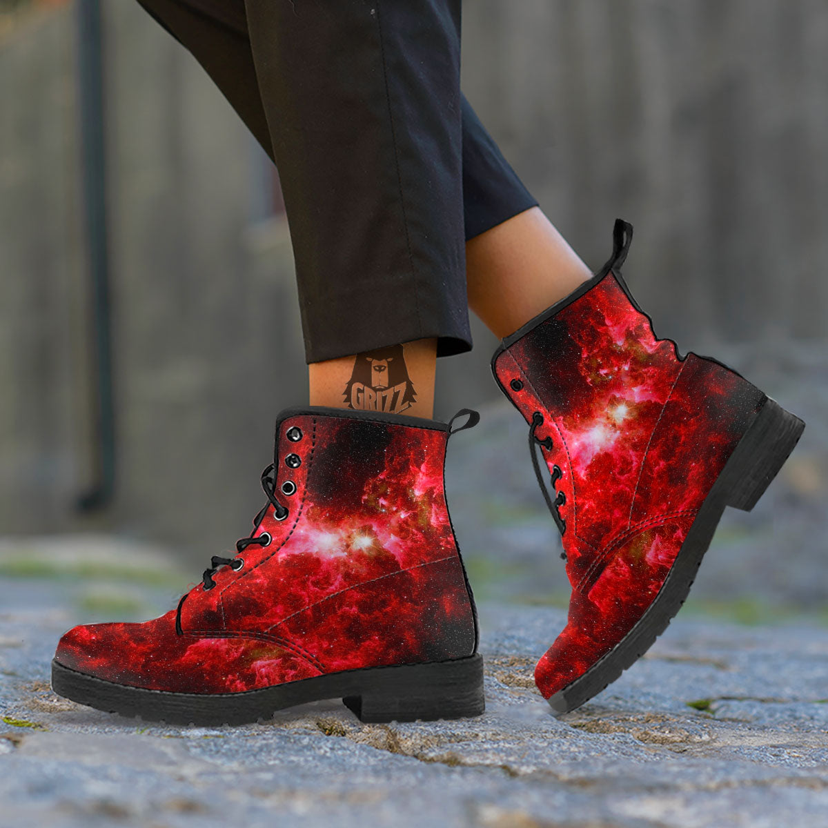 Universe Galaxy Space Red Stardust Print Leather Boots-grizzshop