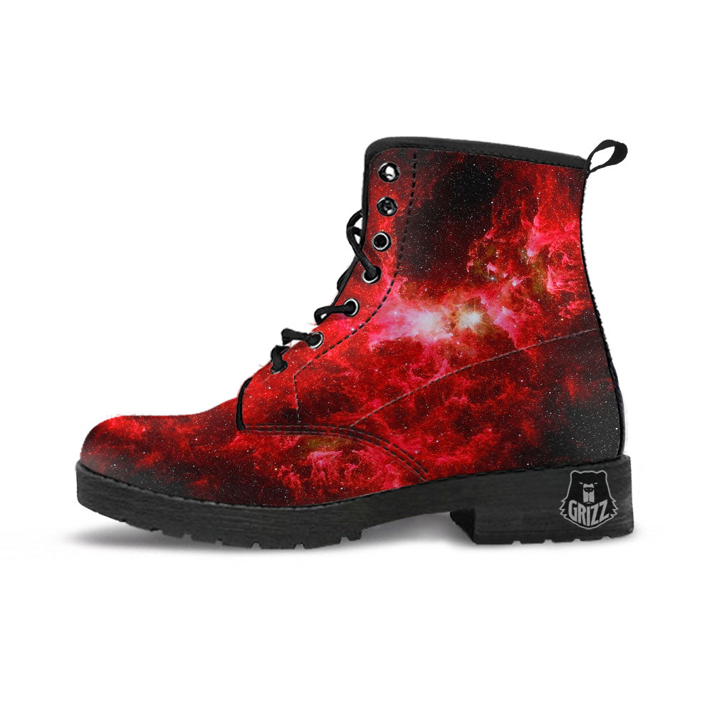 Universe Galaxy Space Red Stardust Print Leather Boots-grizzshop
