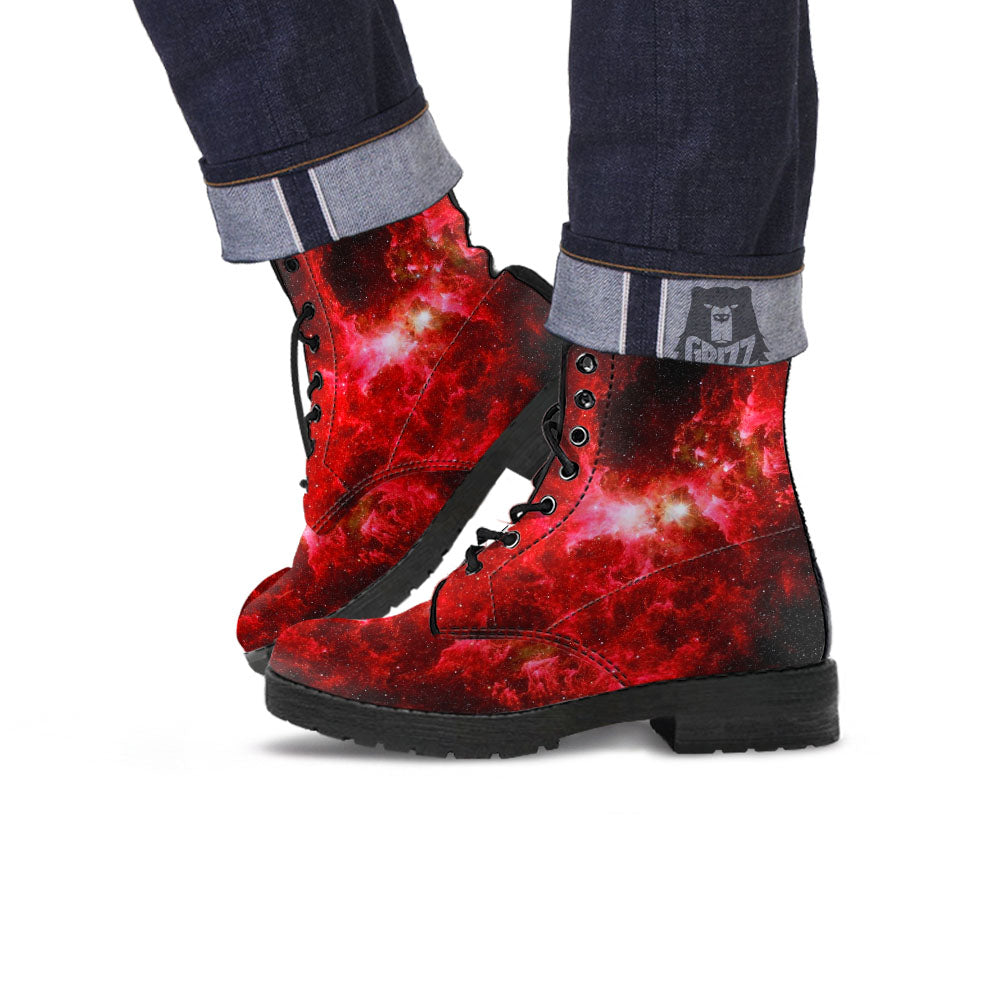 Universe Galaxy Space Red Stardust Print Leather Boots-grizzshop
