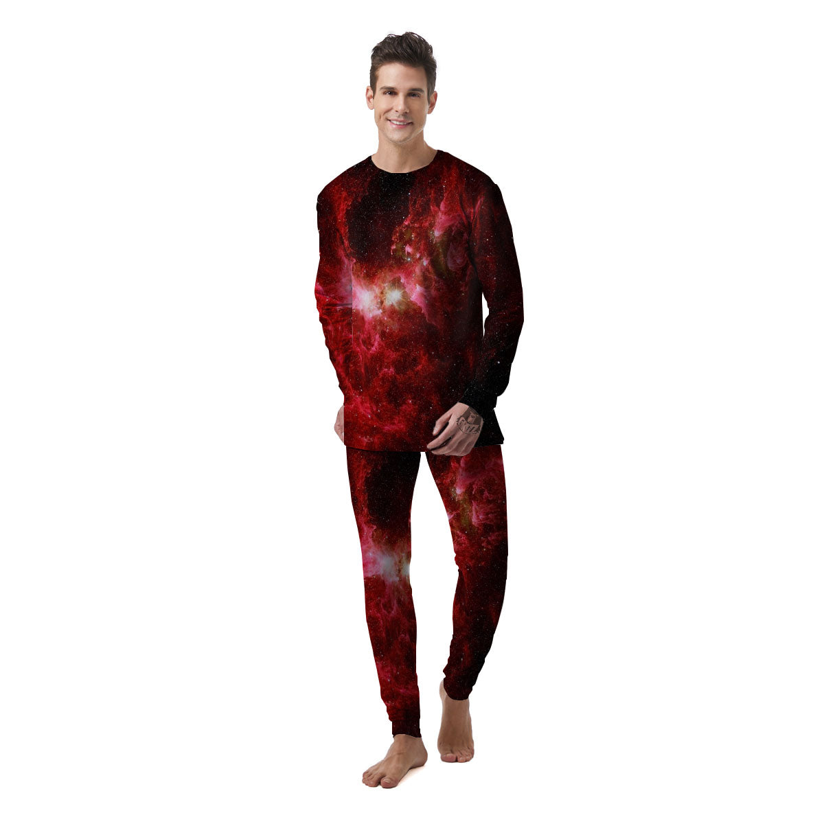 Universe Galaxy Space Red Stardust Print Men's Pajamas-grizzshop