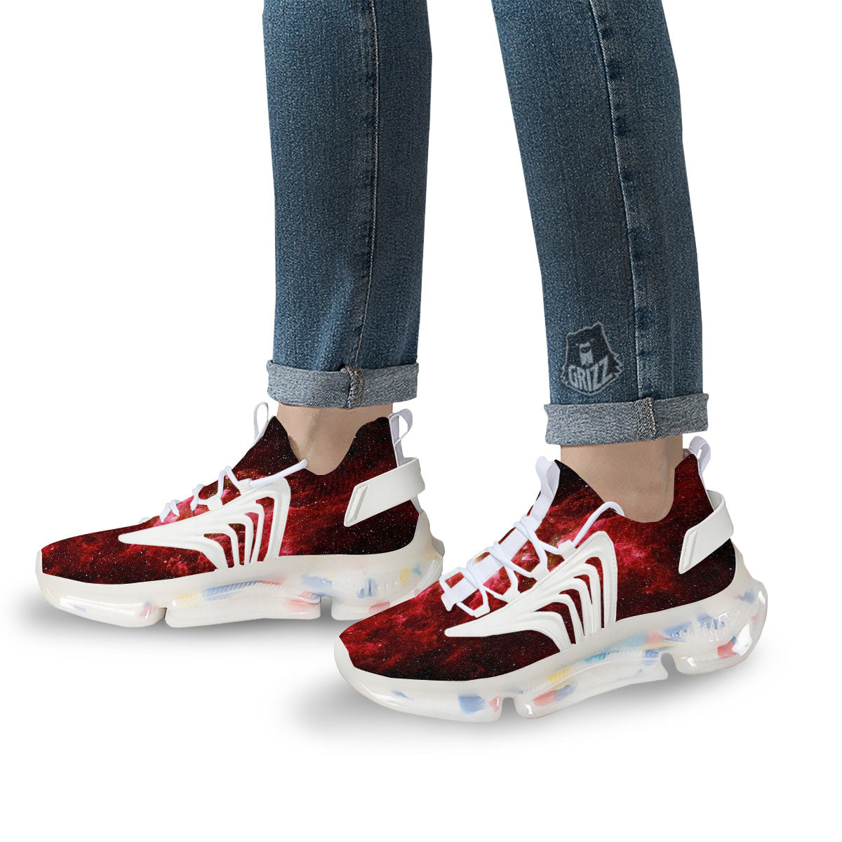 Universe Galaxy Space Red Stardust Print White Gym Shoes-grizzshop
