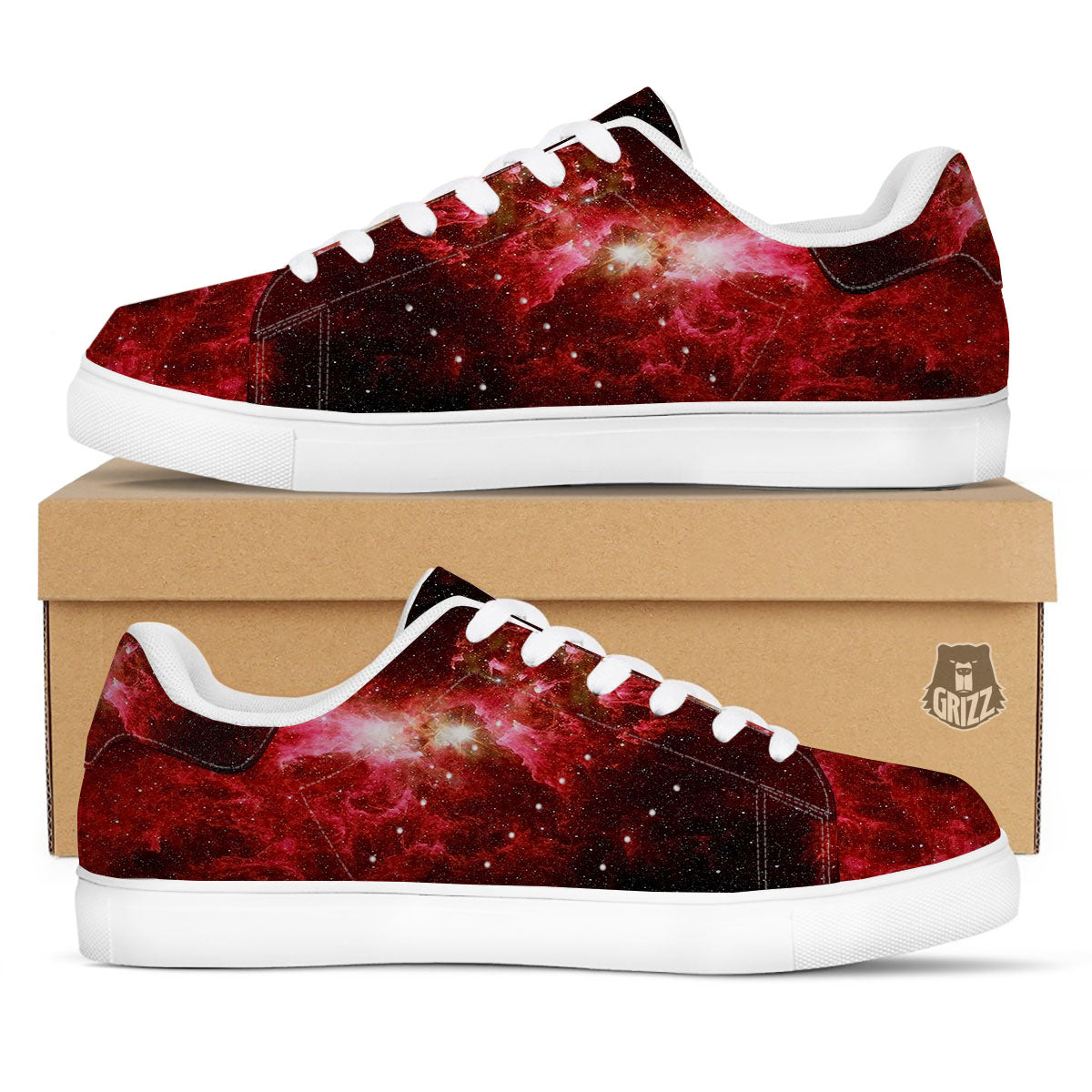 Universe Galaxy Space Red Stardust Print White Low Top Sneakers-grizzshop