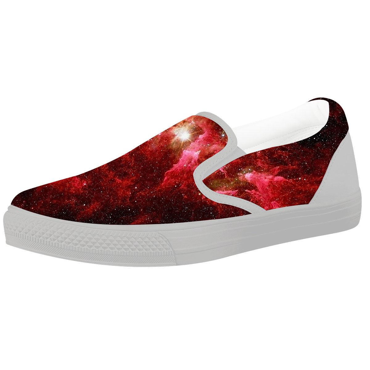 Universe Galaxy Space Red Stardust Print White Slip On Shoes-grizzshop
