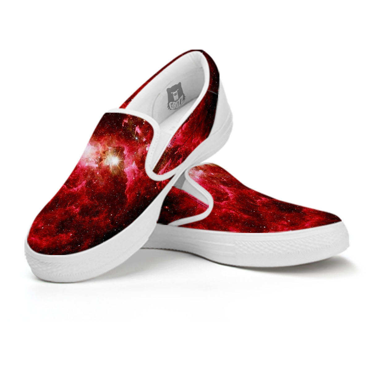 Universe Galaxy Space Red Stardust Print White Slip On Shoes-grizzshop