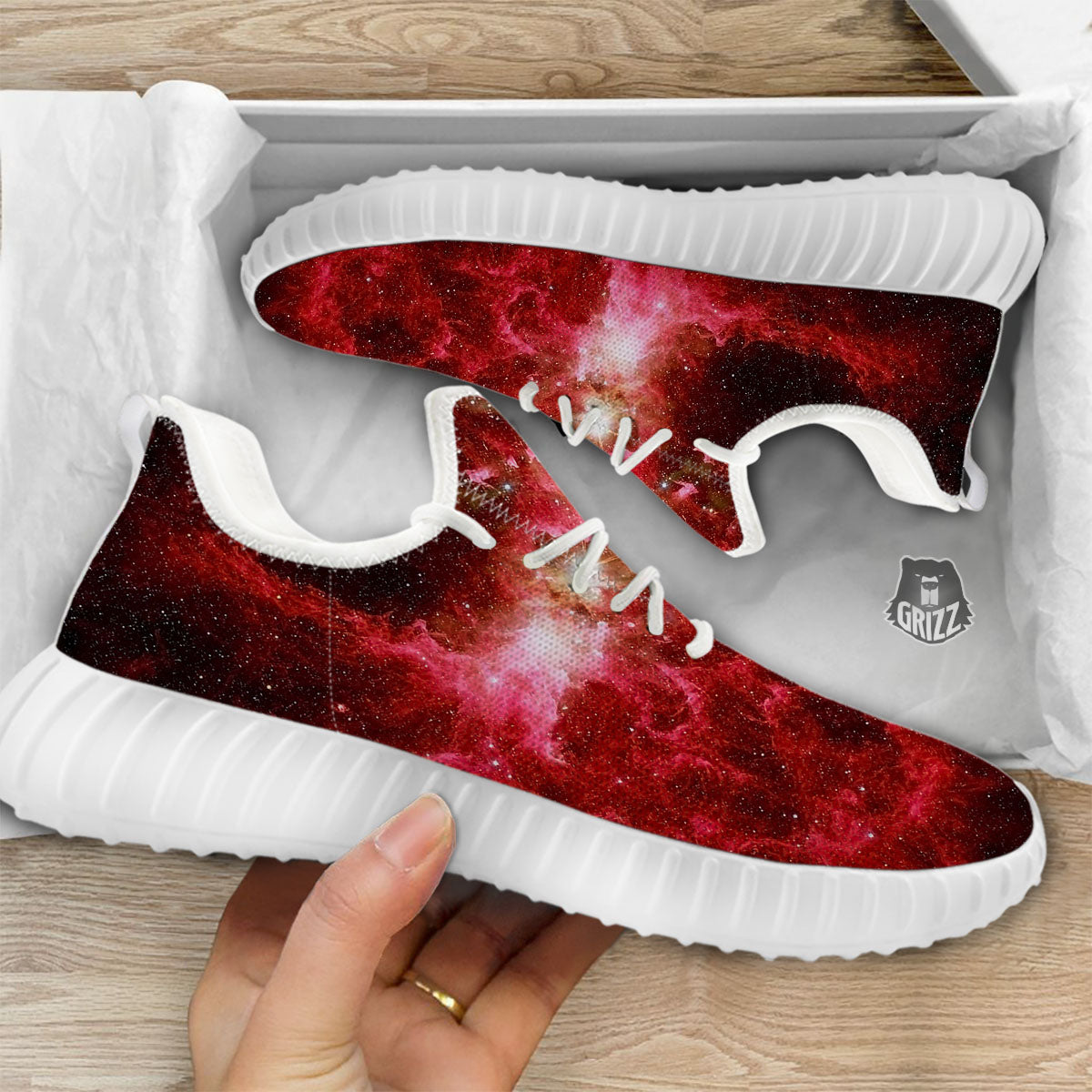 Universe Galaxy Space Red Stardust Print White Walking Shoes-grizzshop