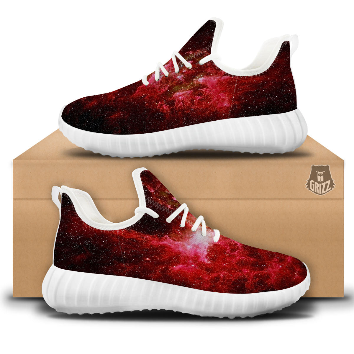 Universe Galaxy Space Red Stardust Print White Walking Shoes-grizzshop