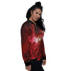 Universe Galaxy Space Red Stardust Print Women's Bomber Jacket-grizzshop