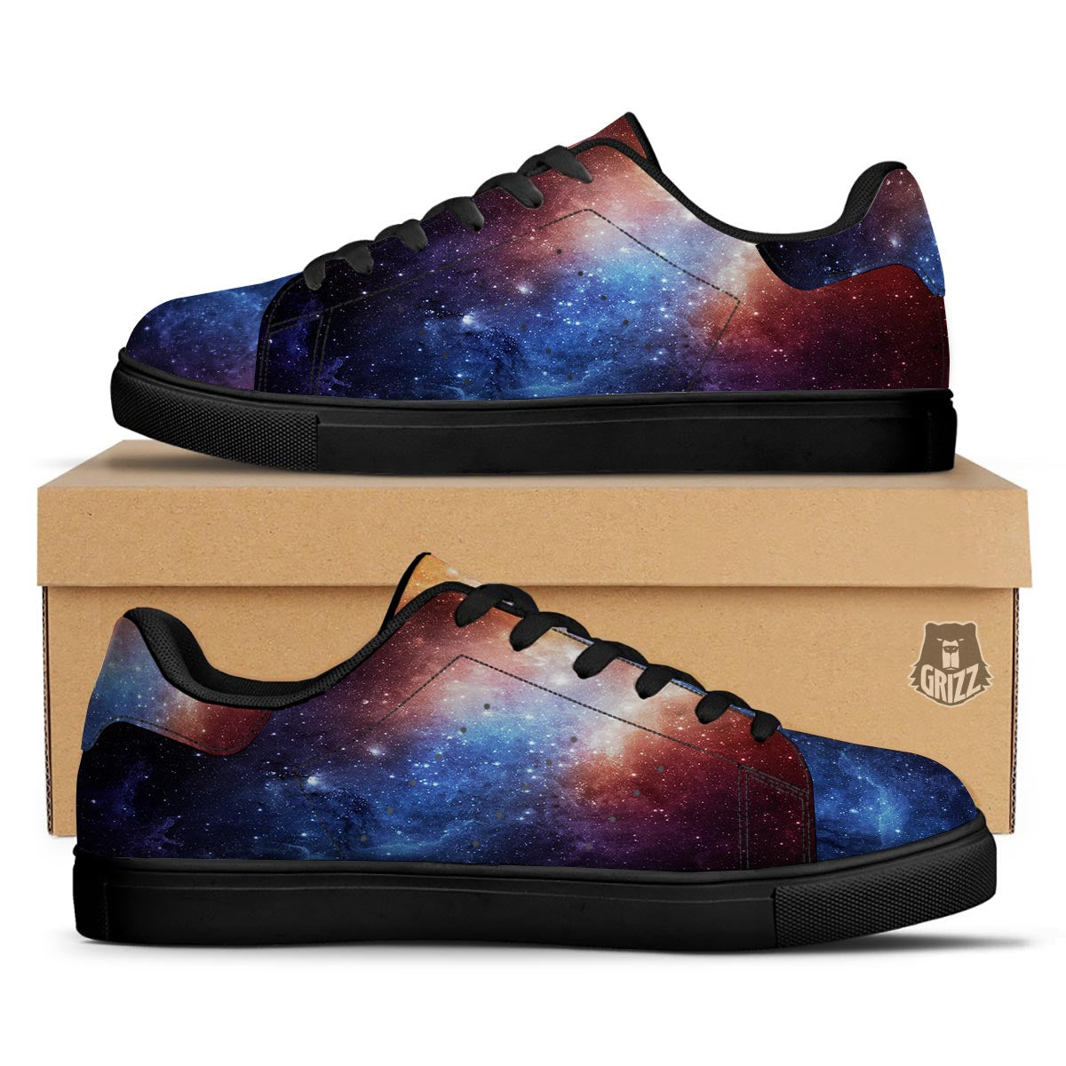 Universe Galaxy Space Teal Orange Print Black Low Top Sneakers-grizzshop