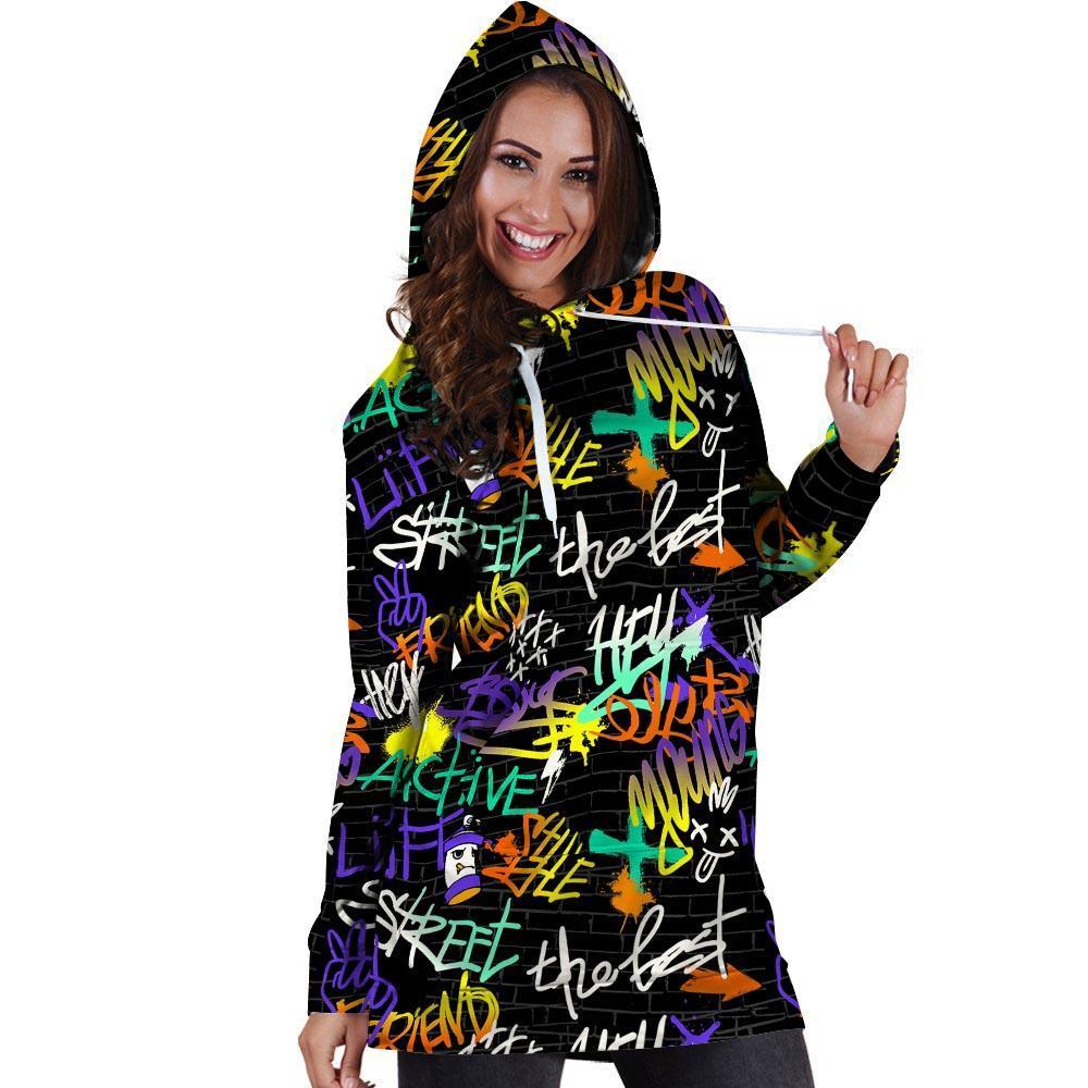 Urban Graffiti Print Hoodie Dress-grizzshop