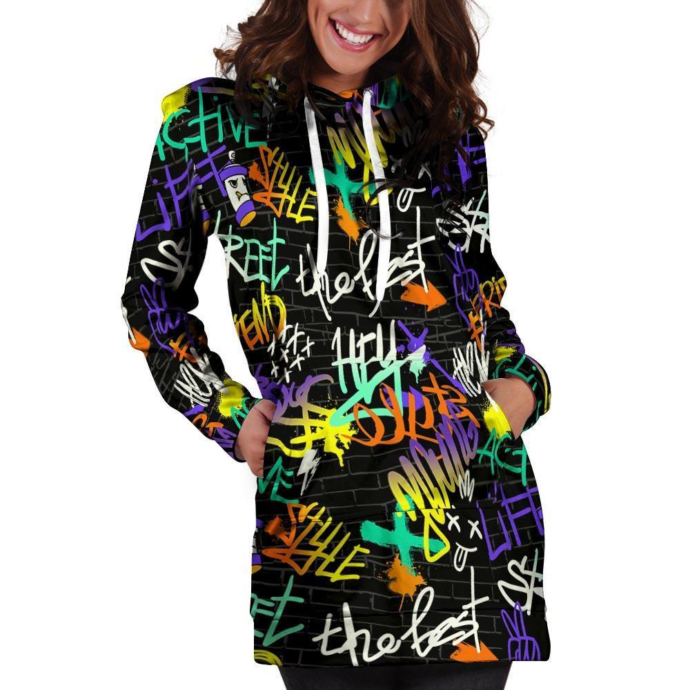 Urban Graffiti Print Hoodie Dress-grizzshop