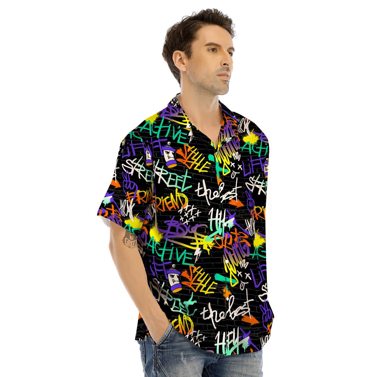 Urban Graffiti Print Men’s Hawaiian Shirt-grizzshop