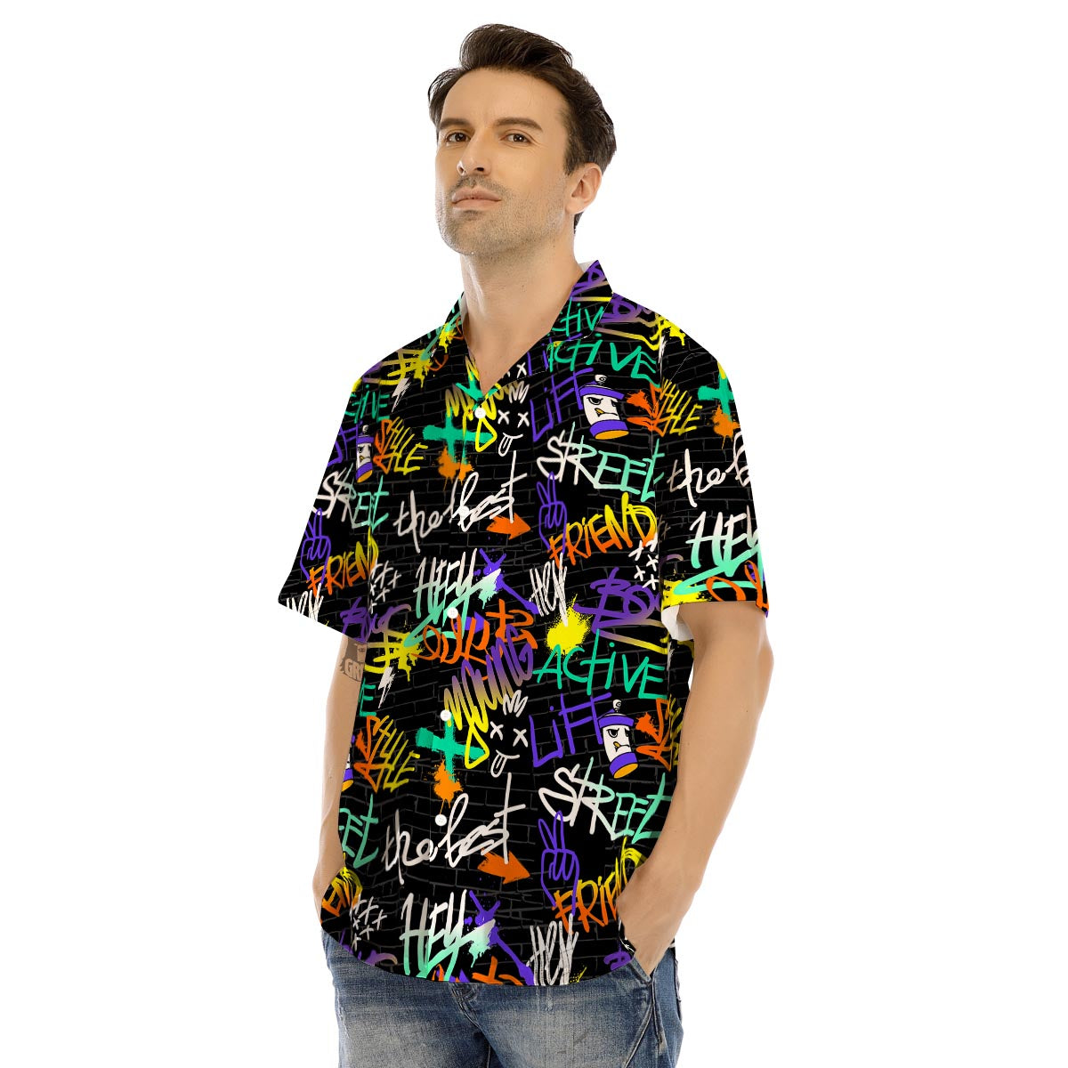 Urban Graffiti Print Men’s Hawaiian Shirt-grizzshop