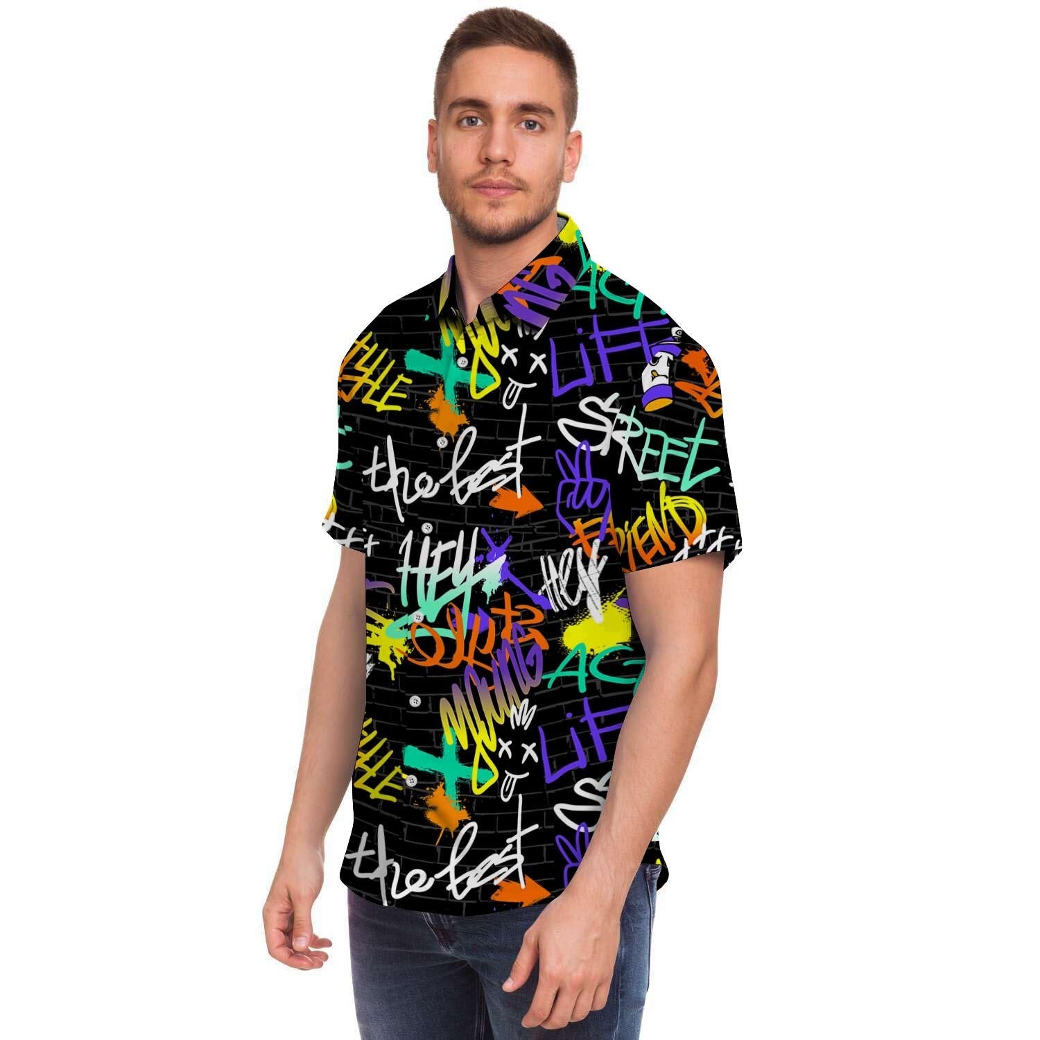 Urban Graffiti Print Men's Short Sleeve Shirt-grizzshop