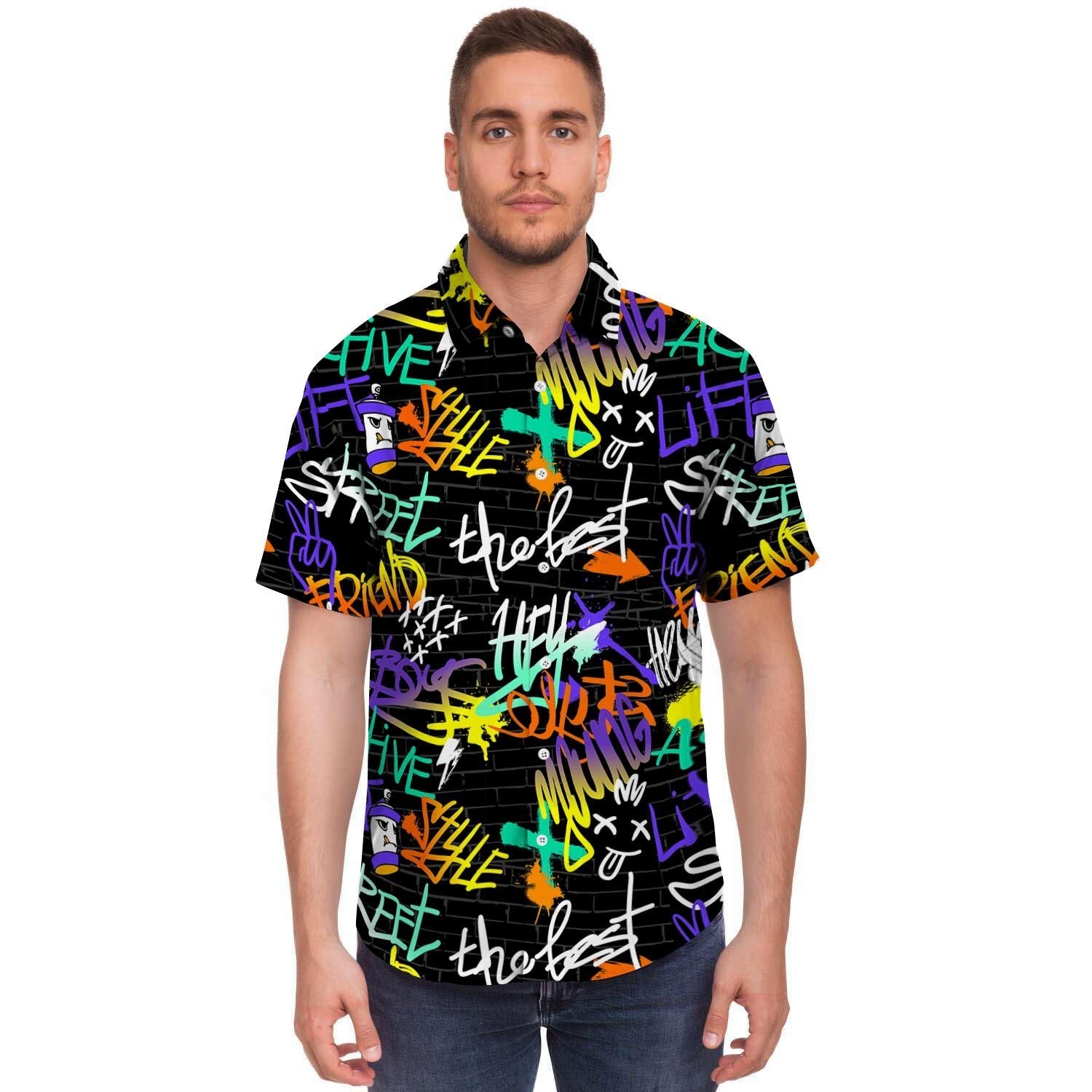 Urban Graffiti Print Men's Short Sleeve Shirt-grizzshop