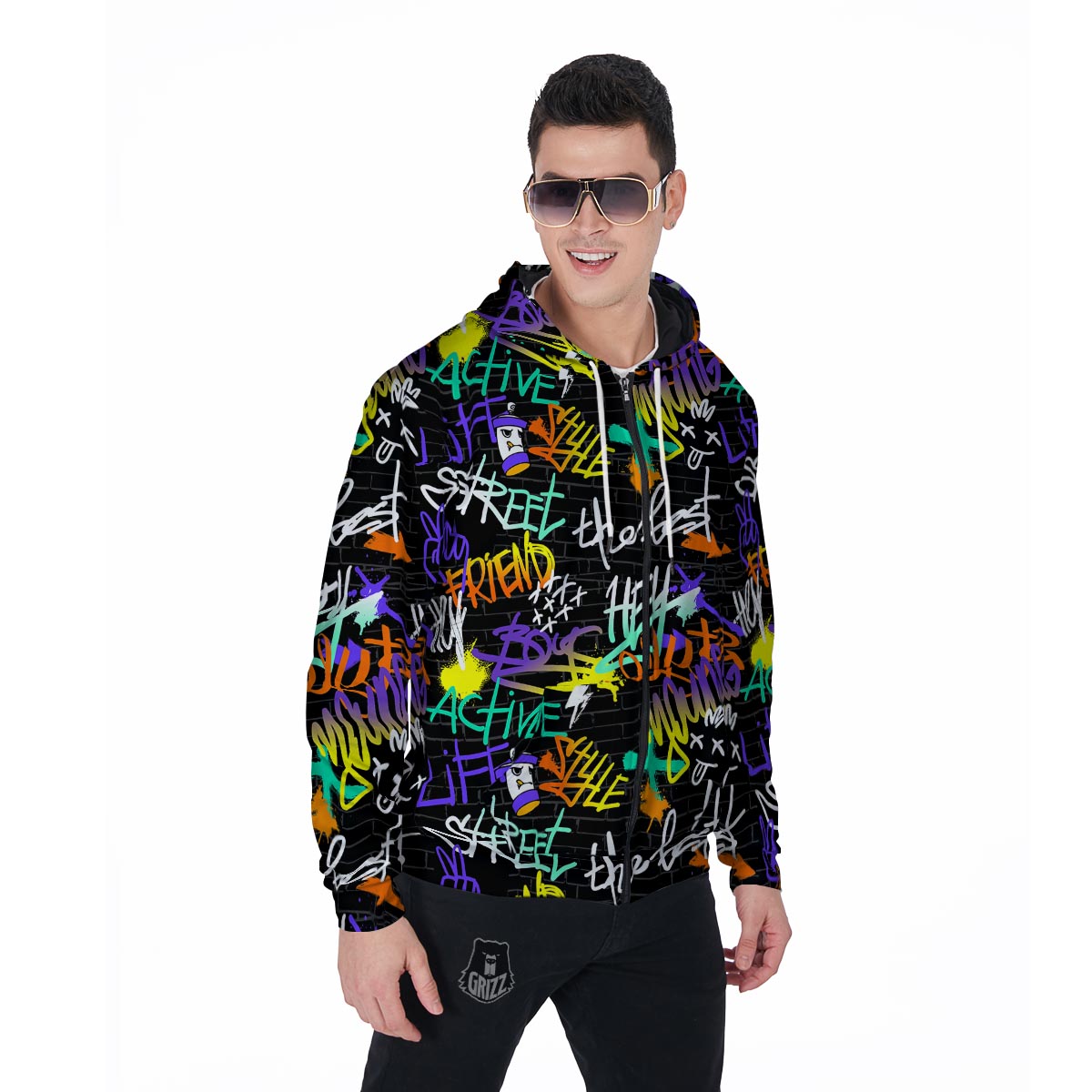 Urban Graffiti Print Men's Zip Up Hoodie-grizzshop