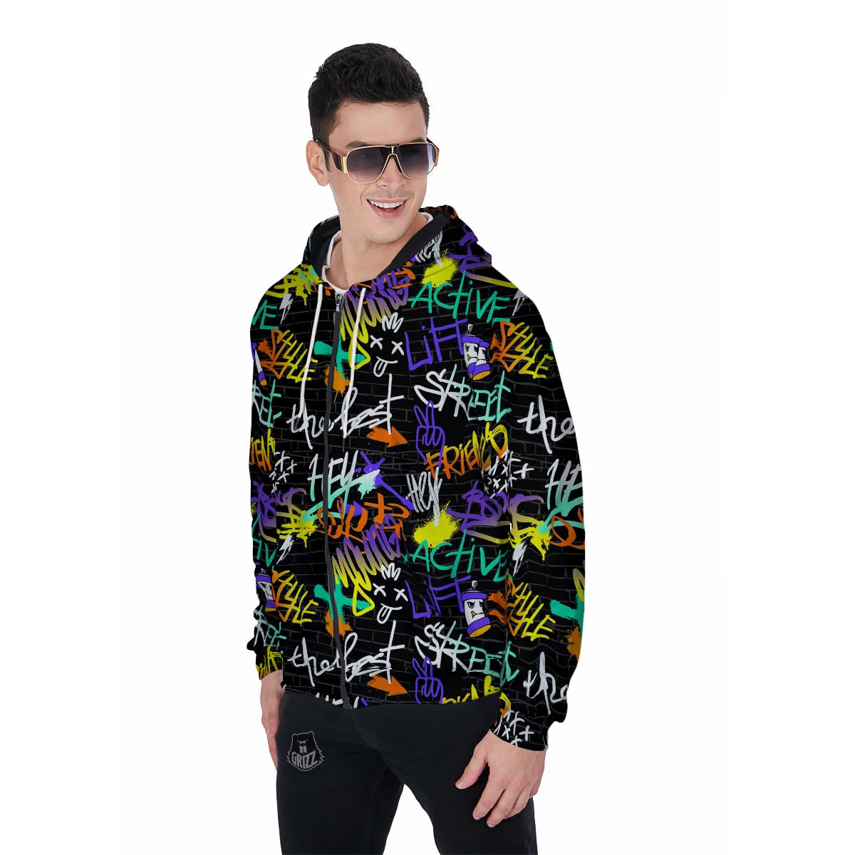 Urban Graffiti Print Men's Zip Up Hoodie-grizzshop