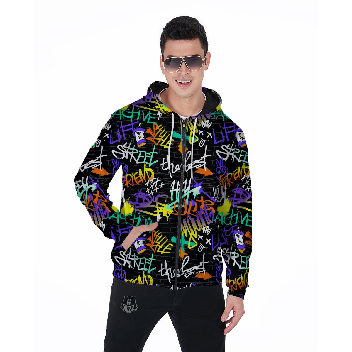 Urban Graffiti Print Men's Zip Up Hoodie-grizzshop