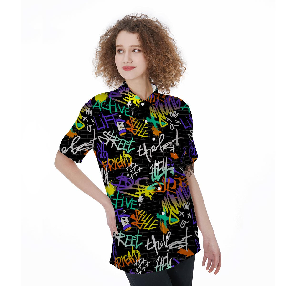 Urban Graffiti Print Women's Short Sleeve Shirts-grizzshop
