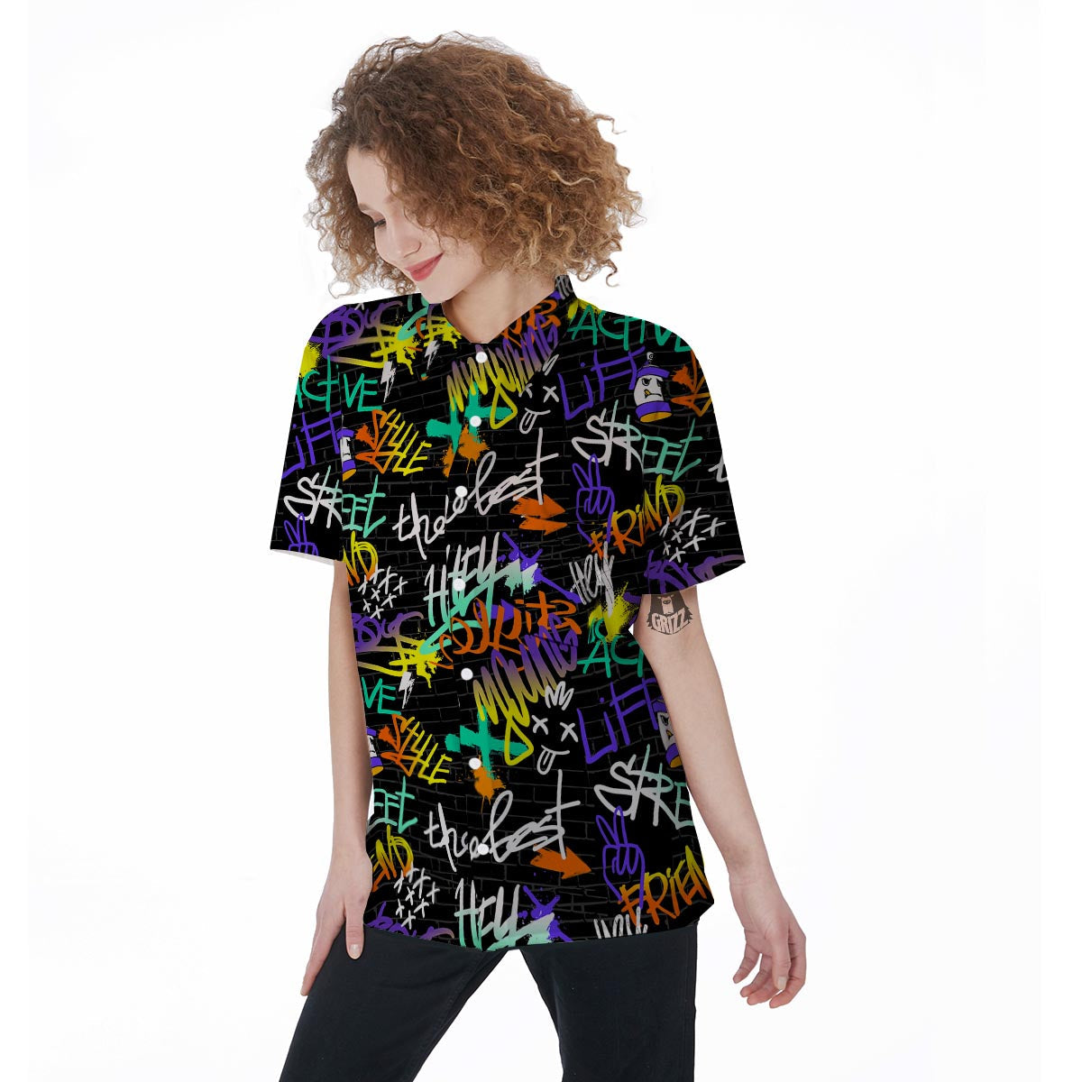 Urban Graffiti Print Women's Short Sleeve Shirts-grizzshop