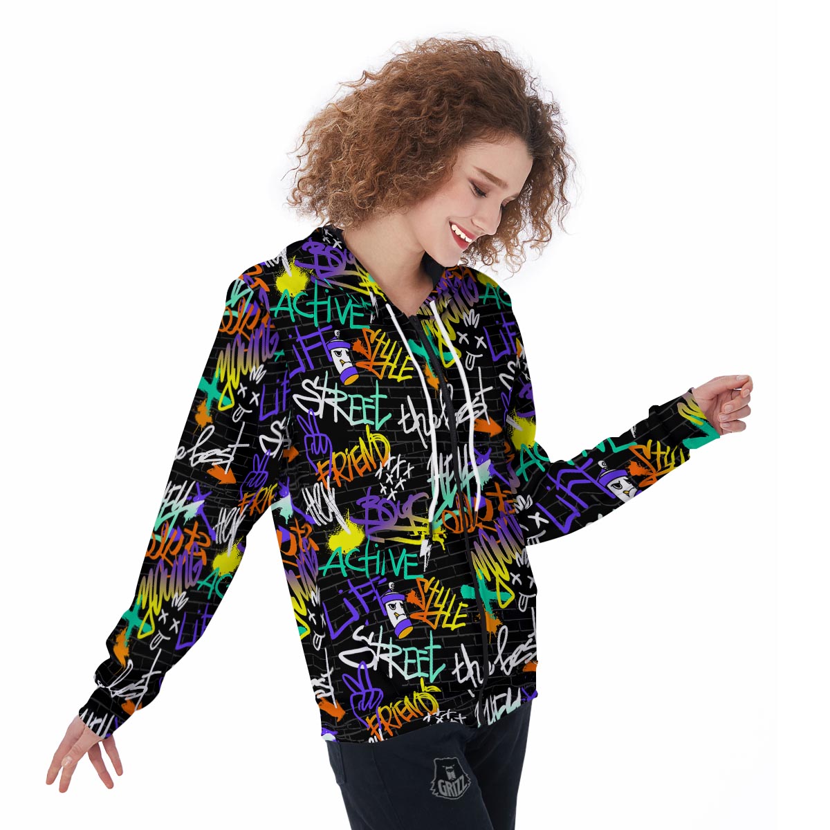Urban Graffiti Print Women's Zip Up Hoodie-grizzshop