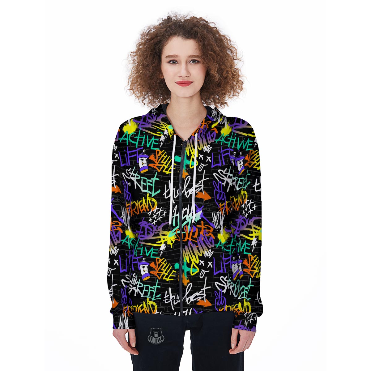 Urban Graffiti Print Women's Zip Up Hoodie-grizzshop