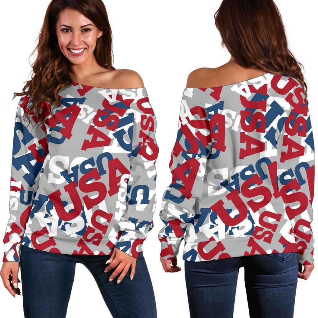 Usa Patriot Pattern Print Women Off Shoulder Sweatshirt-grizzshop