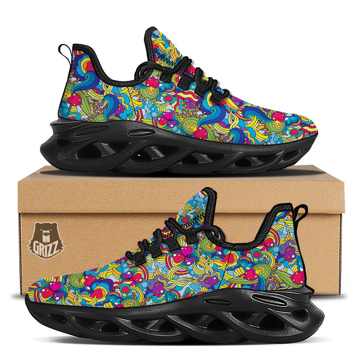 Valentine Heart Hippie Trippy Black Running Shoes-grizzshop