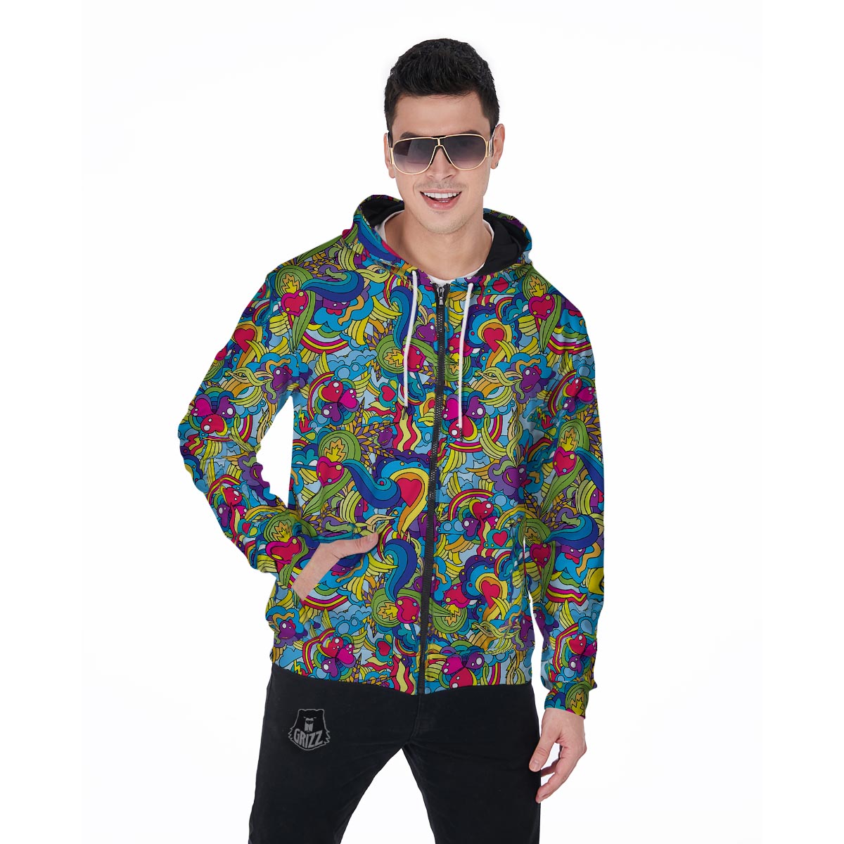 Valentine Heart Hippie Trippy Men's Zip Up Hoodie-grizzshop