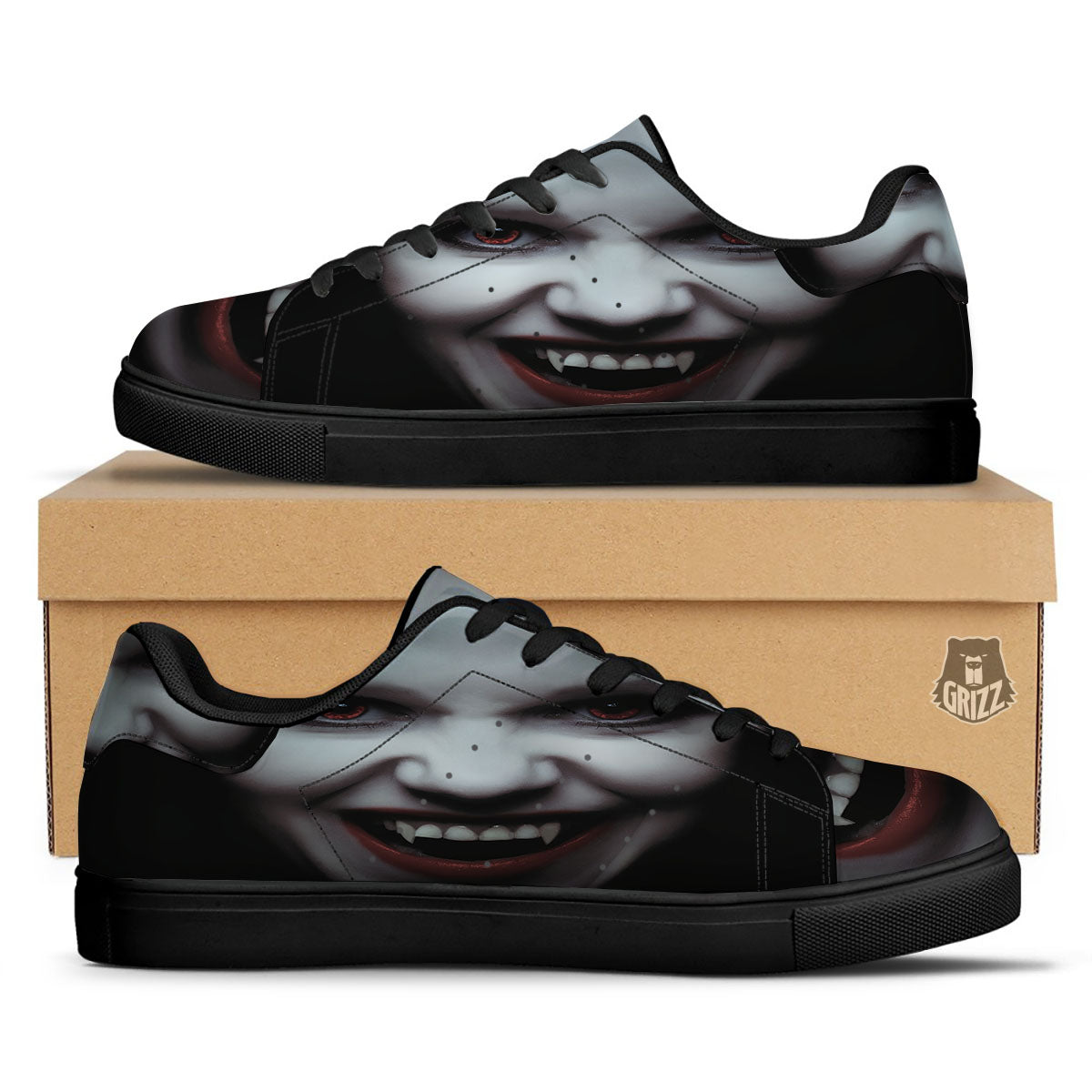 Vampire Girl Halloween Print Black Low Top Sneakers-grizzshop