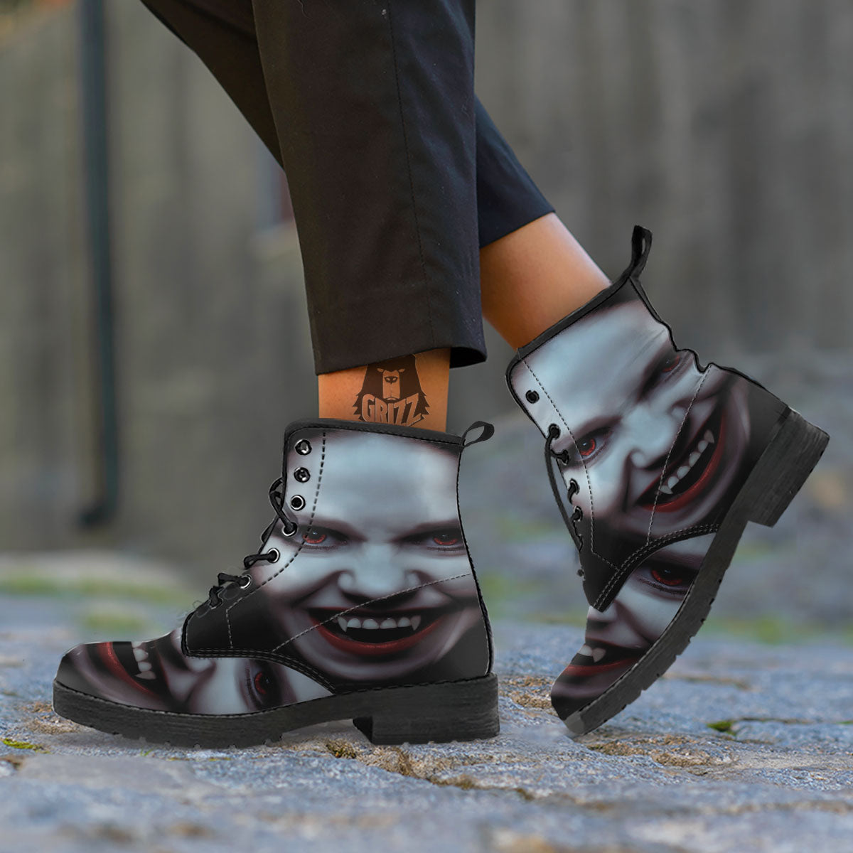Vampire Girl Halloween Print Leather Boots-grizzshop