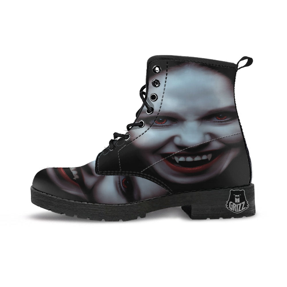 Vampire Girl Halloween Print Leather Boots-grizzshop