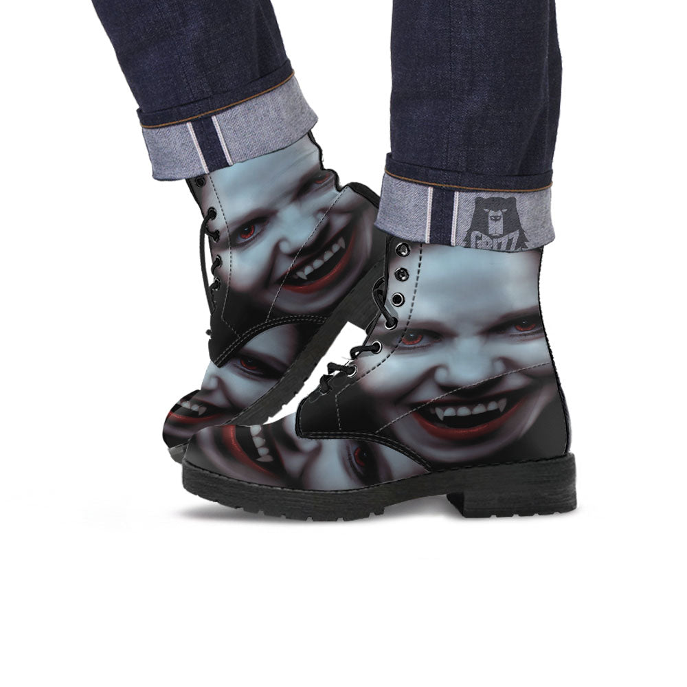 Vampire Girl Halloween Print Leather Boots-grizzshop